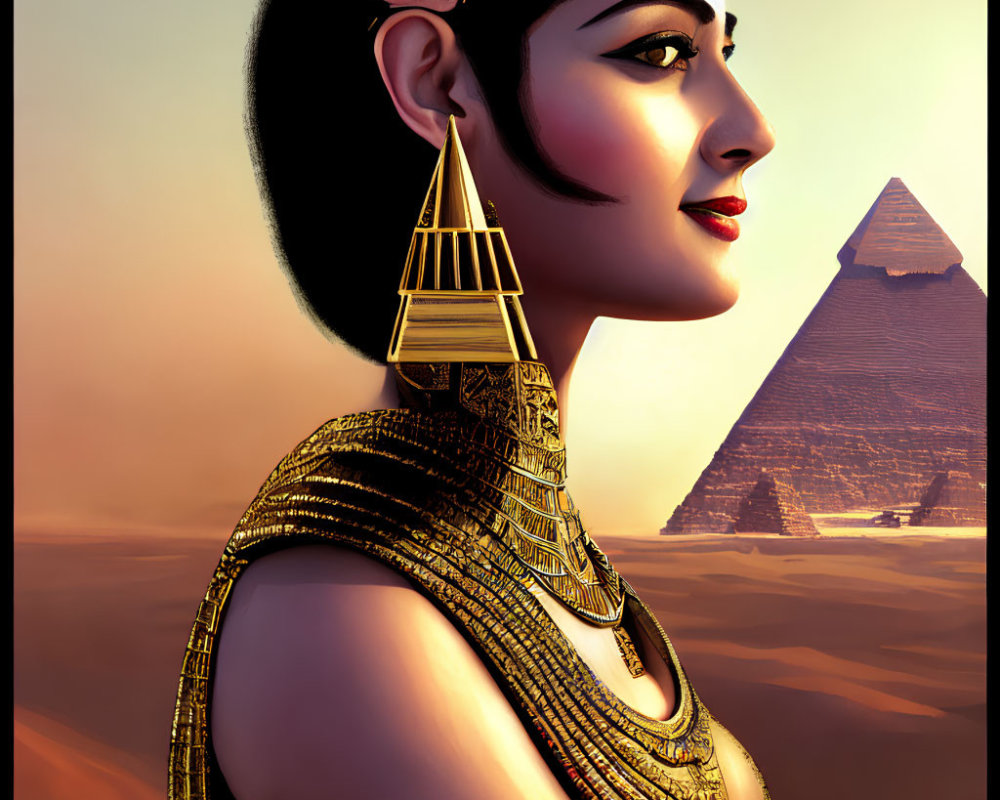 Profile view of digital artwork: Ancient Egyptian queen with traditional headdress and jewelry, set against pyramid backdrop