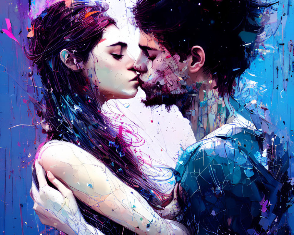 Vibrant artistic illustration of couple embracing in a tender kiss