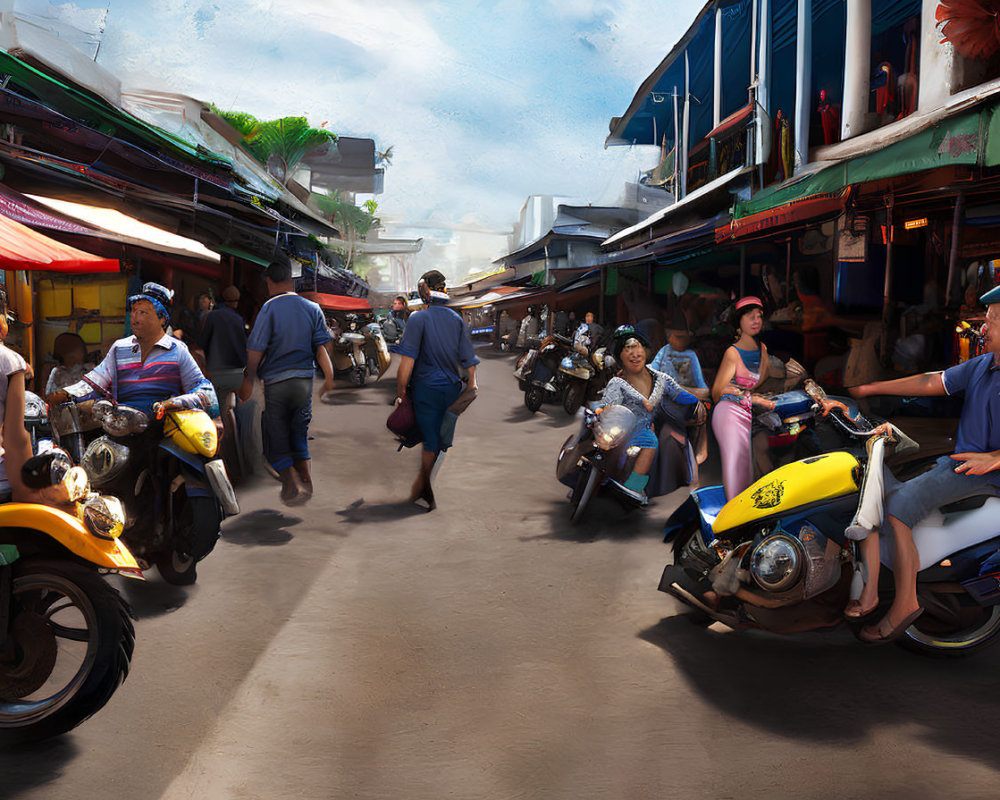 Vibrant market street scene with vendors, motorcycles, and colorful umbrellas on a sunny day.