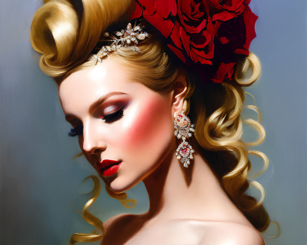 Glamorous woman with updo, red flower, lace dress & earrings