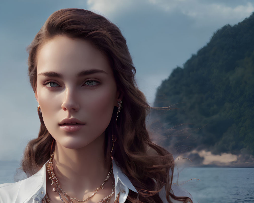 Woman with wavy hair, jewelry, white top, serene seascape, mountains