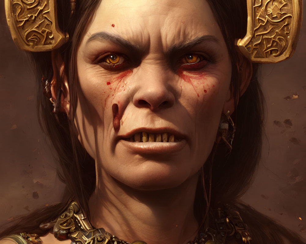 Fantasy character with elf-like ears scowls, adorned with golden jewelry, face marked with blood