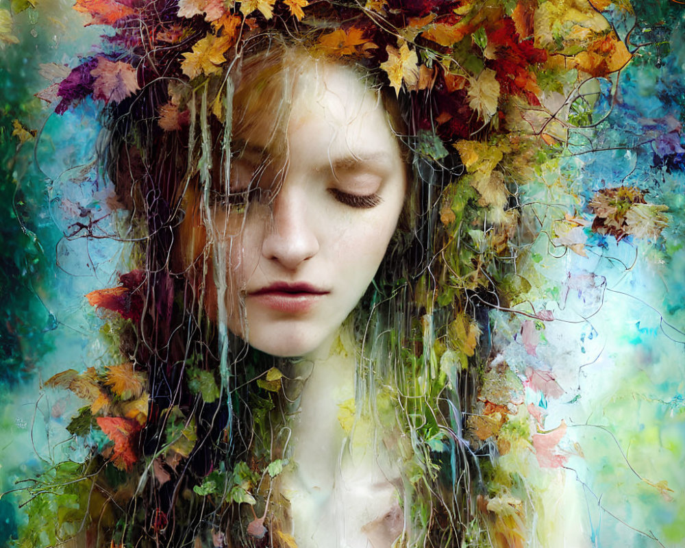 Person with Closed Eyes Crowned with Autumn Leaves in Colorful Portrait