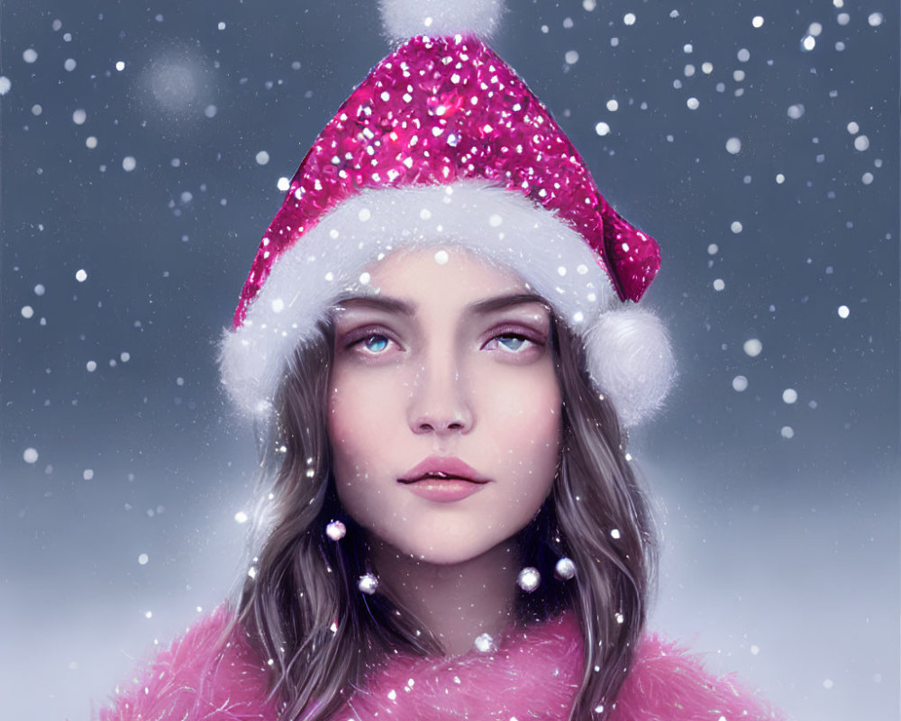 Person in Pink Santa Hat and Coat in Snowy Scene