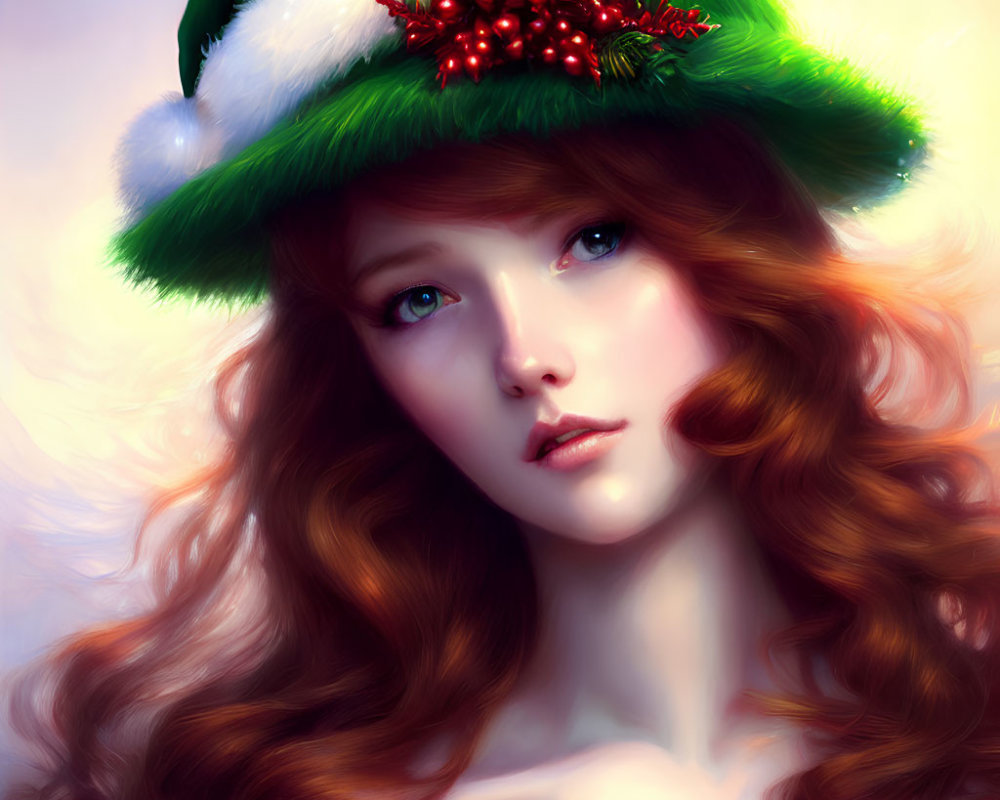 Festive woman illustration with wavy hair in green Christmas hat