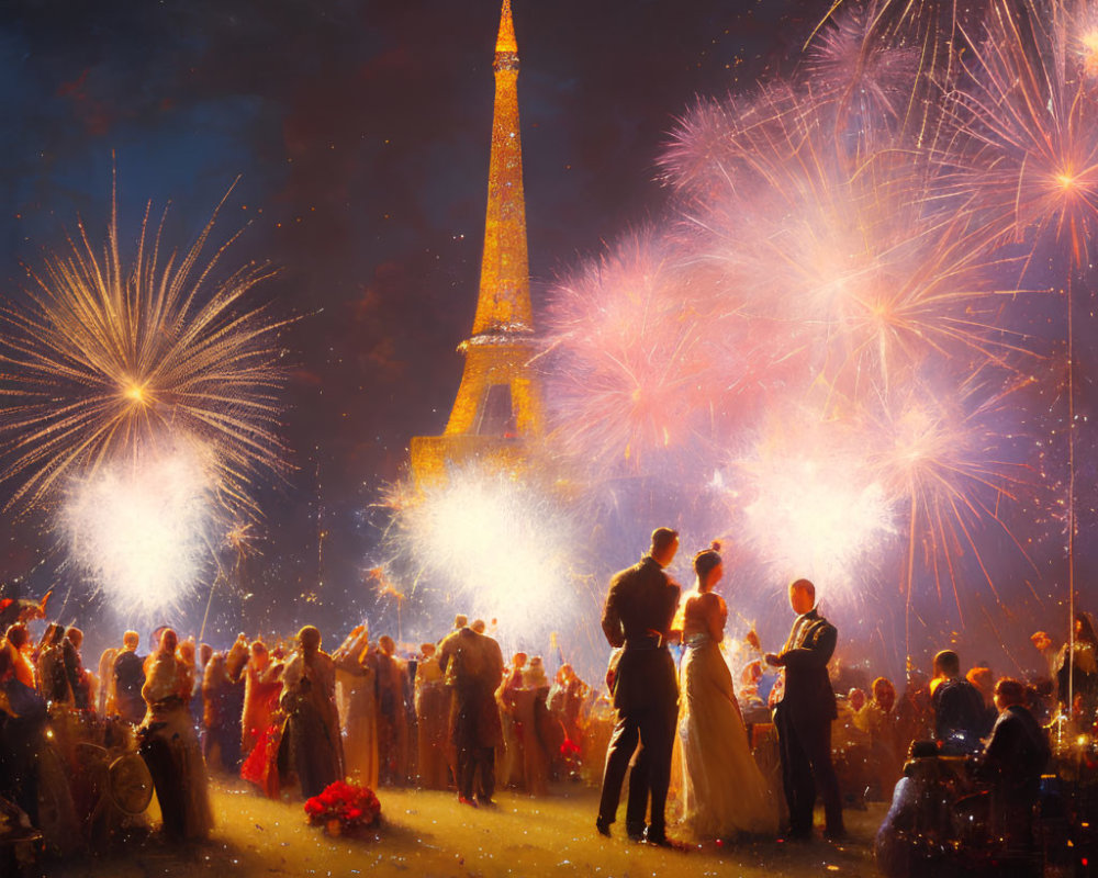 Elegant evening celebration with fireworks and lit-up tower