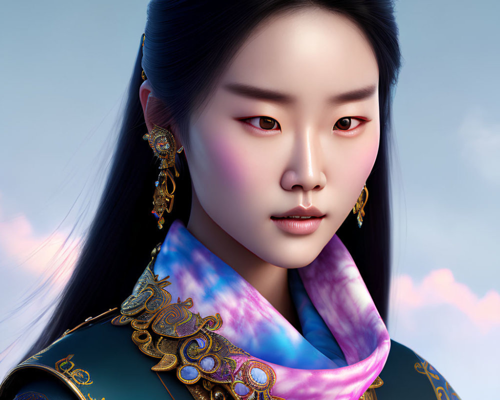 Detailed digital artwork: Woman in East Asian attire with red eyeshadow on cloud background