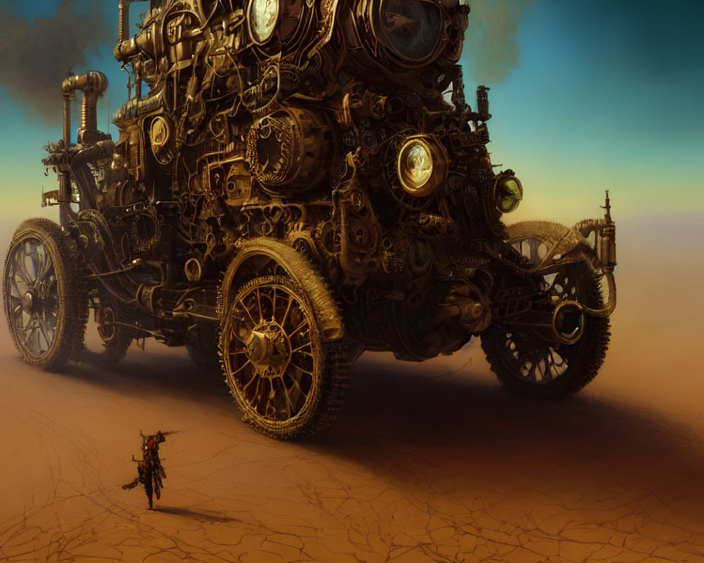 Intricate Steampunk Vehicle and Person in Desert Landscape