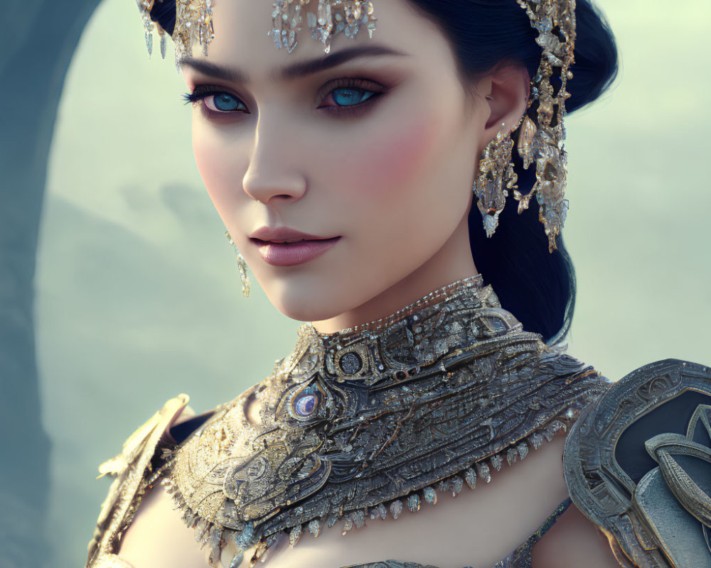 Digital Artwork: Female Character in Elaborate Fantasy Costume & Gold Jewelry