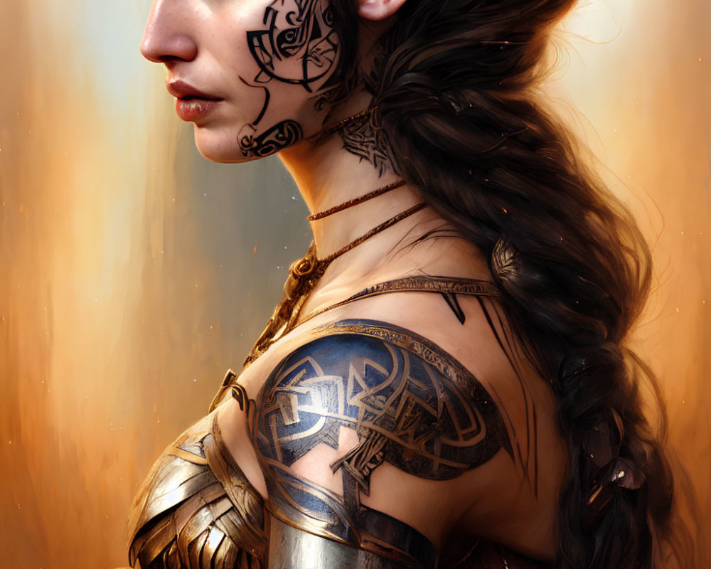 Tribal face tattoos on fierce woman with braided hair and ornate shoulder armor