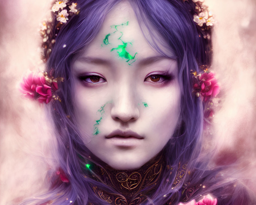 Digital portrait of woman with purple hair, green facial markings, pink flowers, and traditional attire.