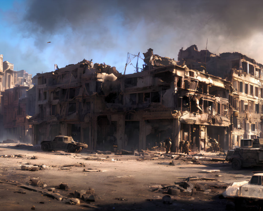 Dusky post-apocalyptic urban landscape with crumbling buildings and abandoned vehicles