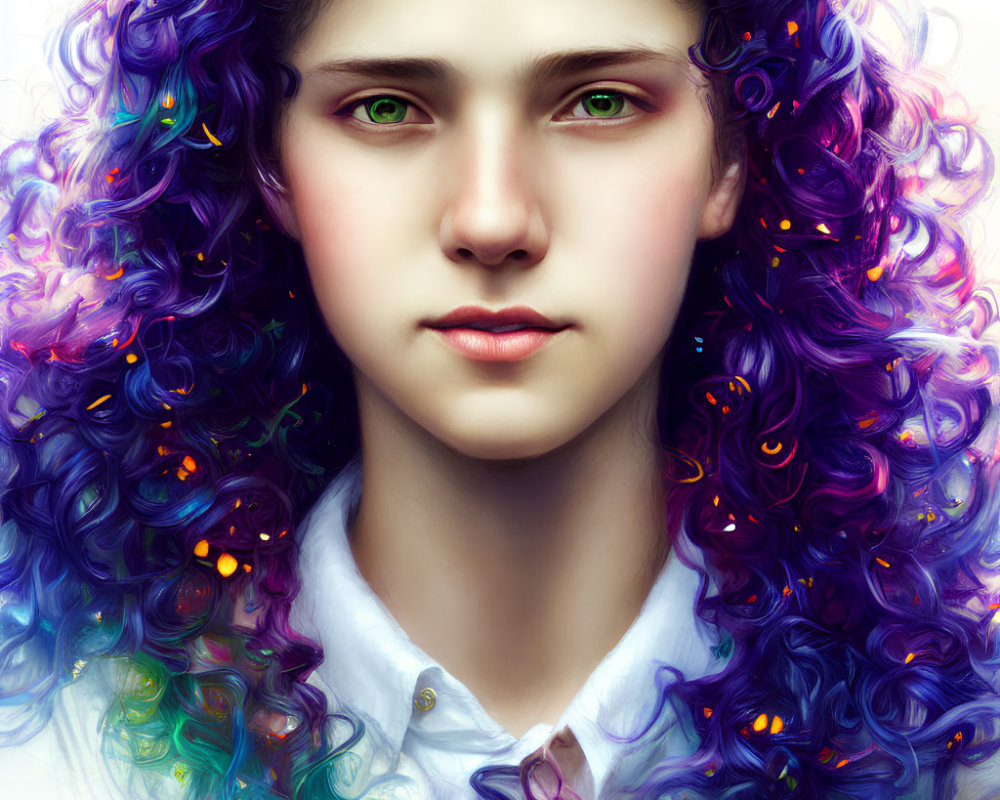 Vibrant digital portrait: purple curly hair, green eyes, glowing accents, white collar.