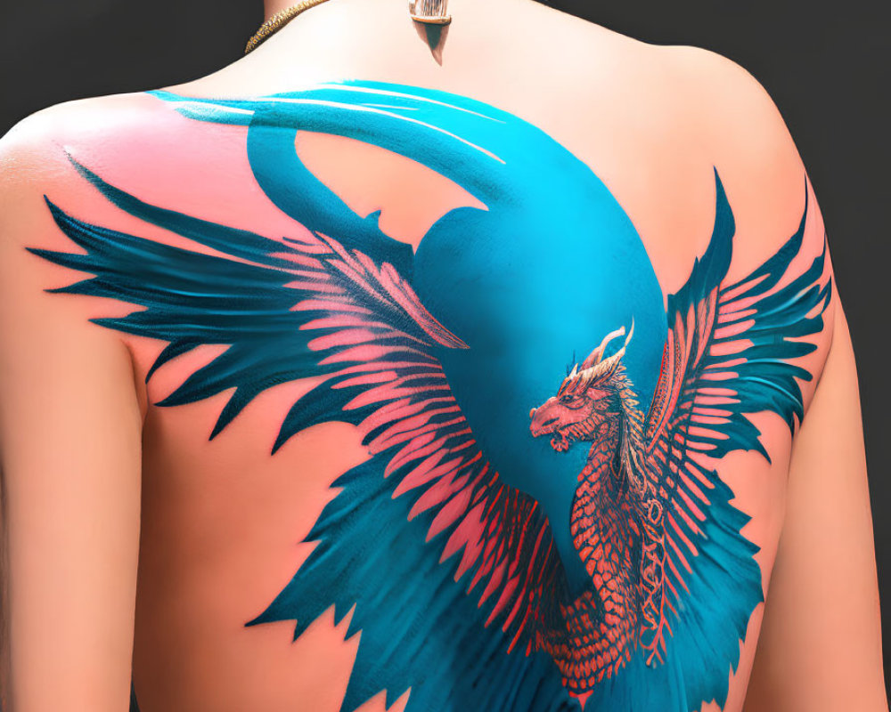 Colorful Phoenix Back Tattoo on Woman against Dark Background