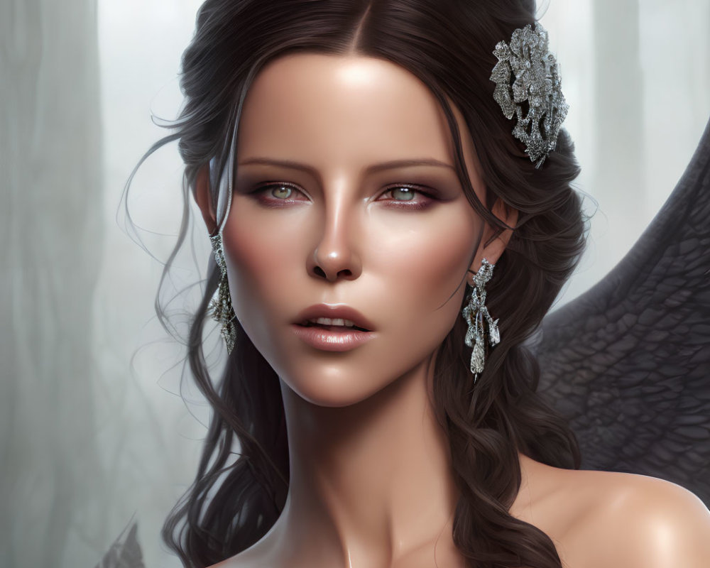 Dark-haired woman with glistening earrings and ornate hair accessory on soft backdrop