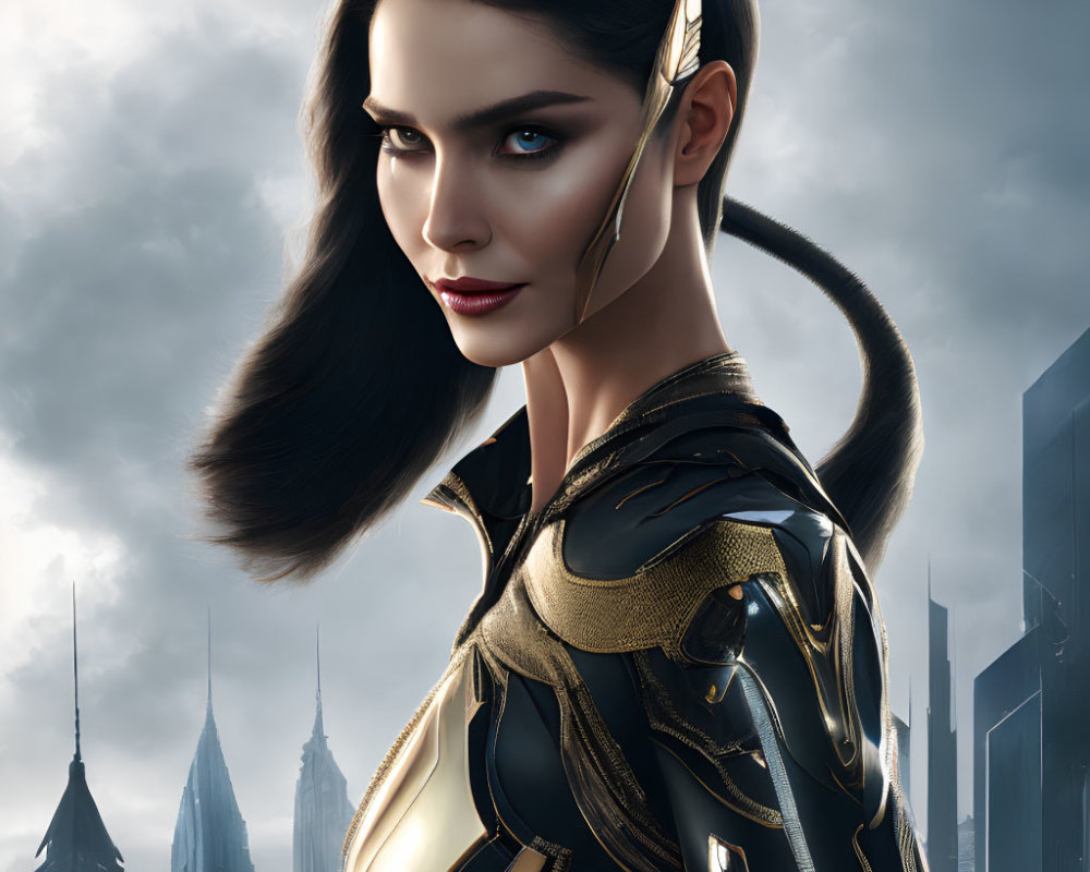 Futuristic digital artwork of confident woman in cat-like armor