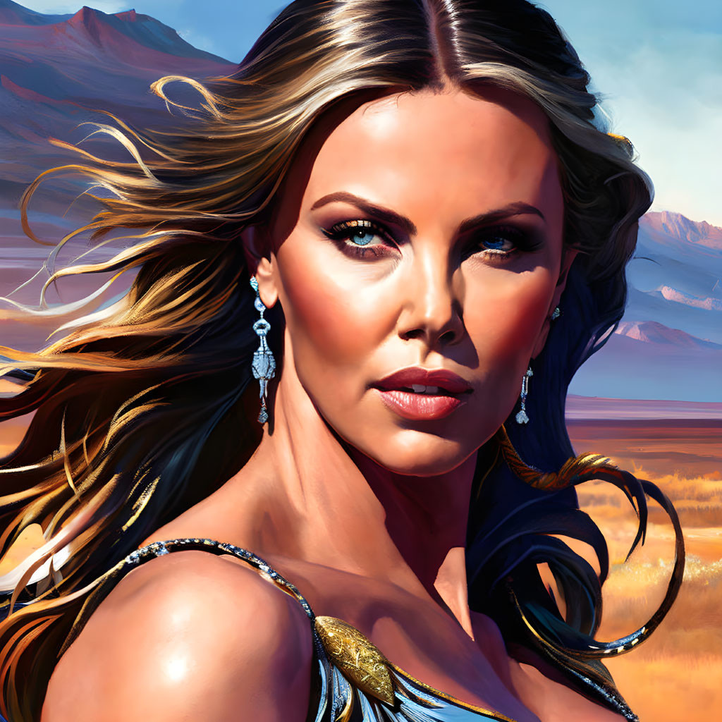 Digital portrait of woman with flowing hair, turquoise earrings, sequined dress, desert backdrop