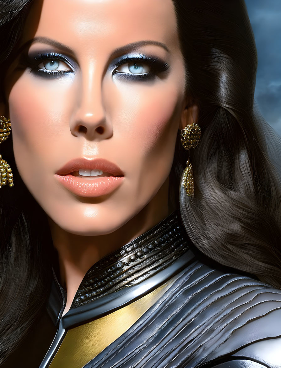 Portrait of Woman in Dramatic Makeup and Gold/Silver Attire, Gazing Aside