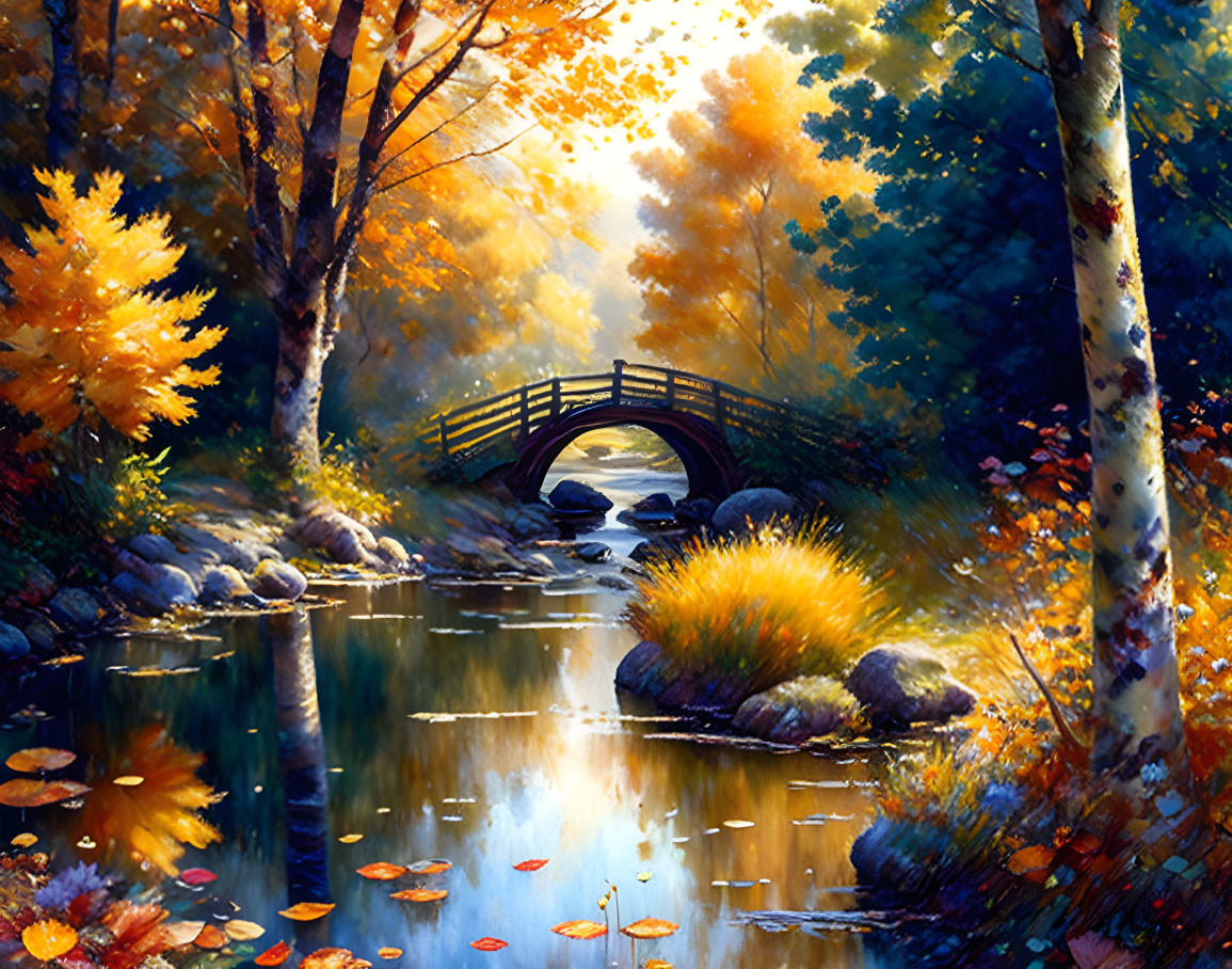 Tranquil autumn landscape with golden foliage, birch trees, calm river, bridge, sun rays