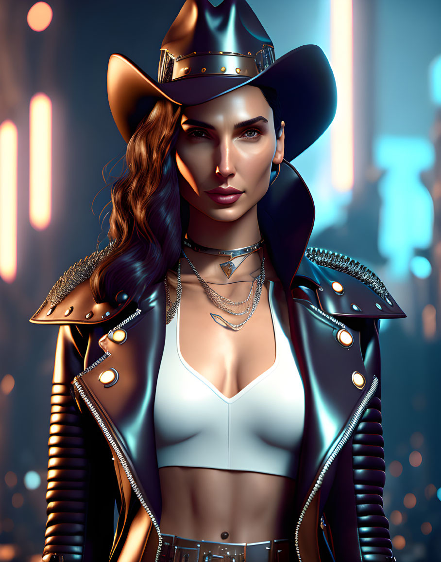 Digital artwork: Woman in cowboy hat, leather jacket, white top, neon-lit urban backdrop