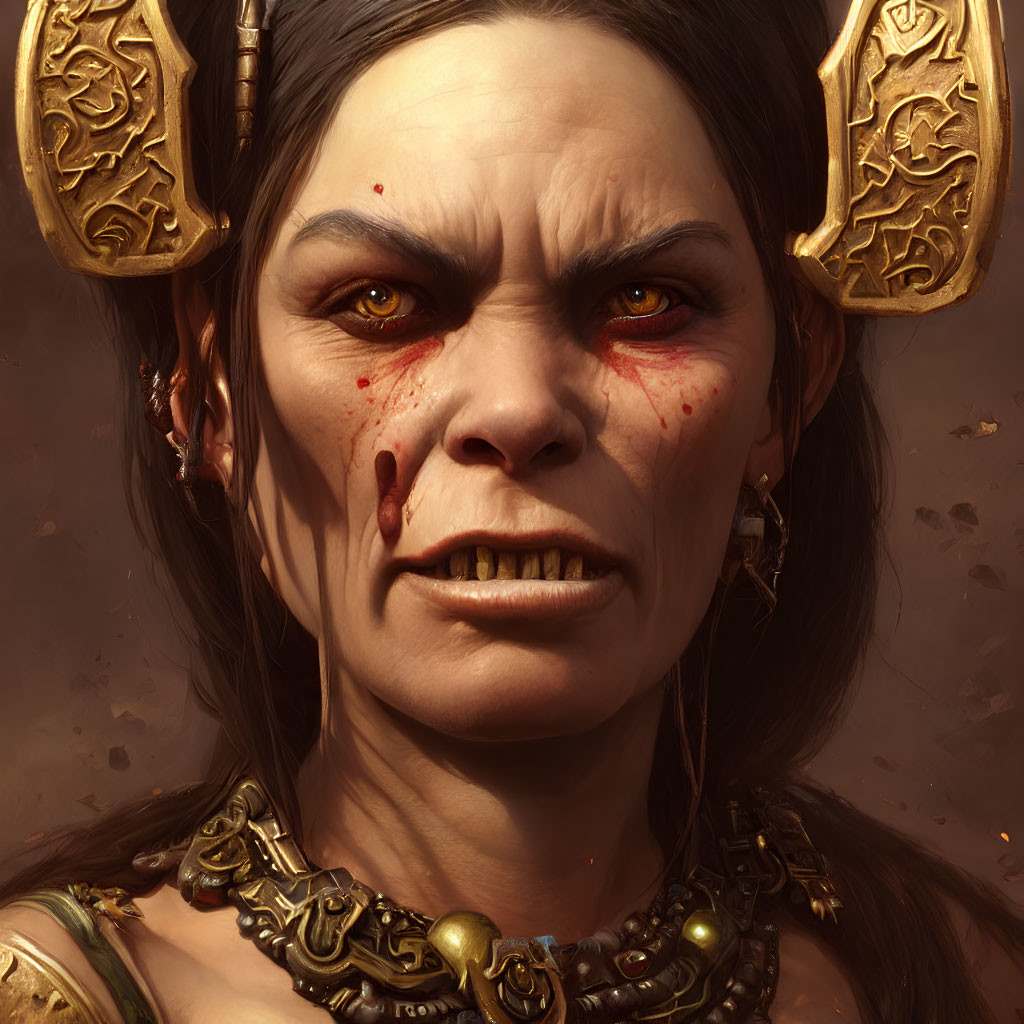 Fantasy character with elf-like ears scowls, adorned with golden jewelry, face marked with blood