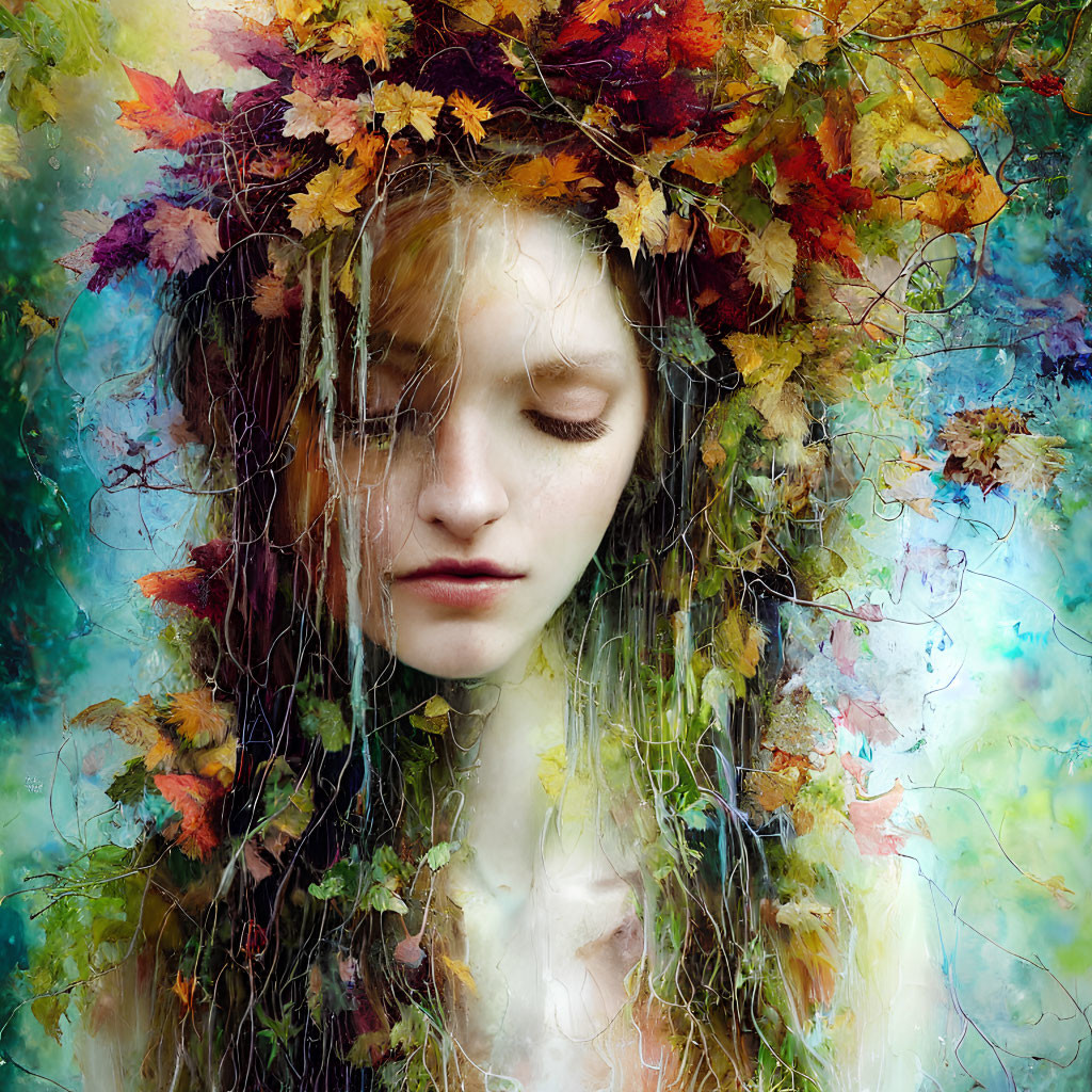 Person with Closed Eyes Crowned with Autumn Leaves in Colorful Portrait