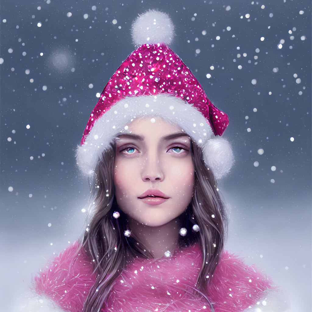 Person in Pink Santa Hat and Coat in Snowy Scene