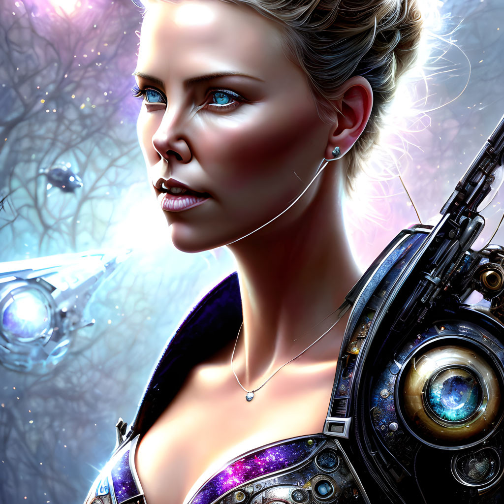 Digital art portrait of woman with blue eyes, futuristic headset, celestial armor, in mystical setting