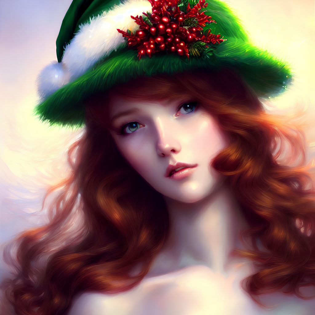 Festive woman illustration with wavy hair in green Christmas hat