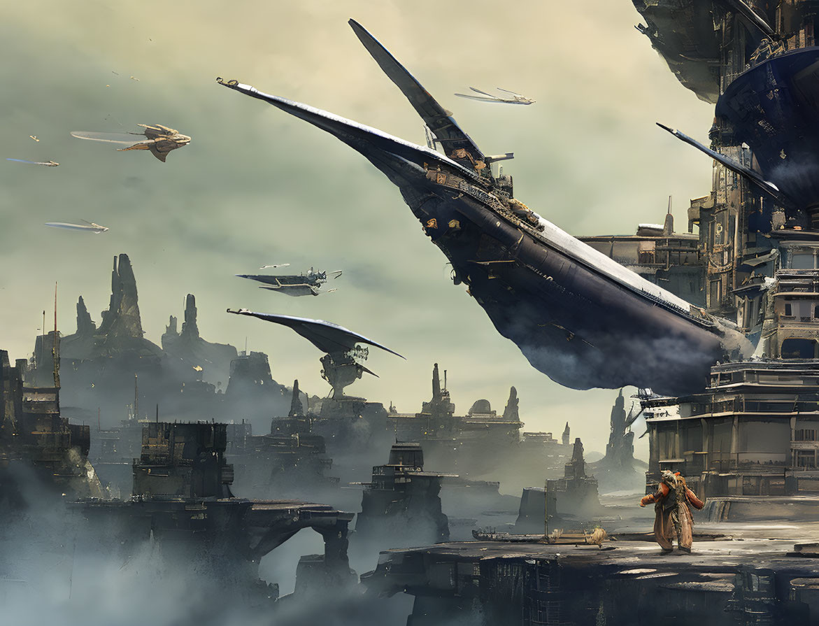 Cloaked figure on platform gazes at futuristic flying ships in dystopian cityscape