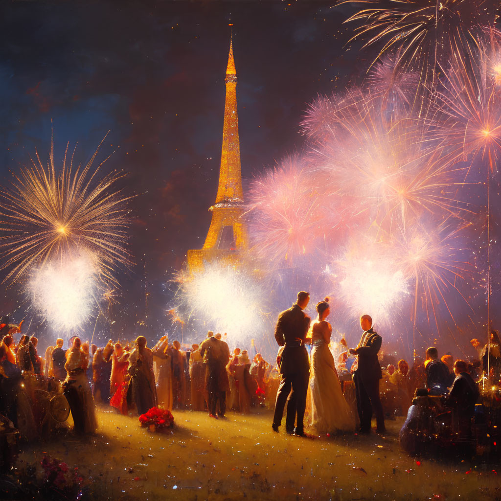 Elegant evening celebration with fireworks and lit-up tower