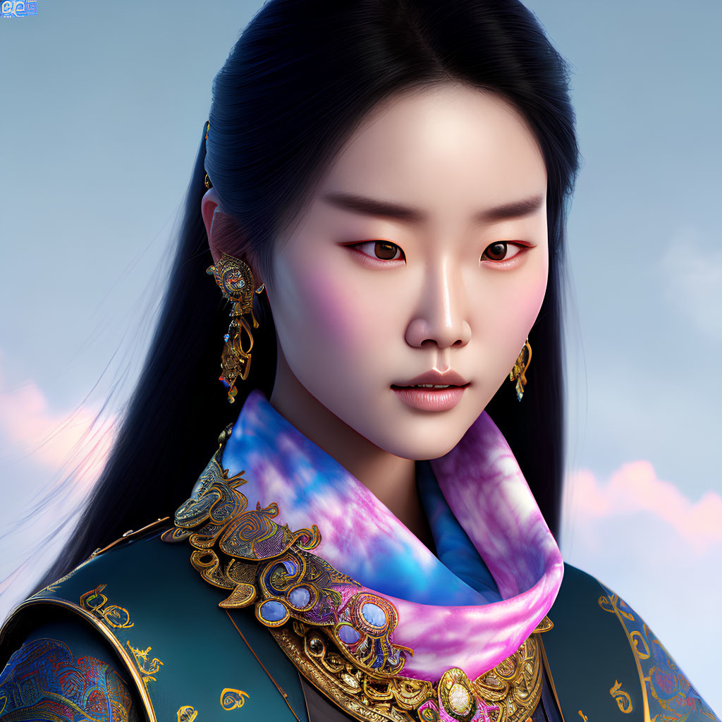 Detailed digital artwork: Woman in East Asian attire with red eyeshadow on cloud background