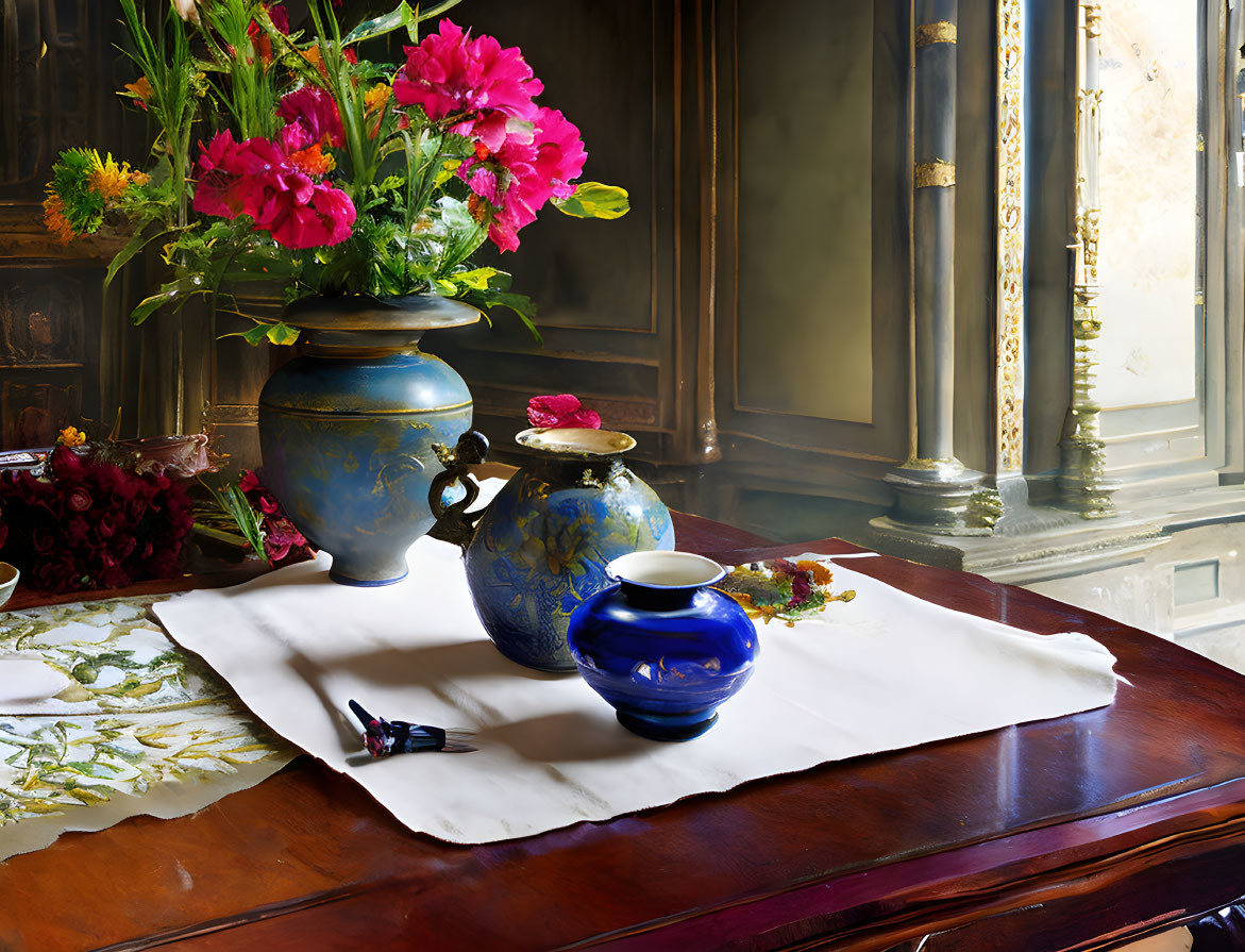 Colorful Still Life Scene: Pink Flowers, Blue Vase, Wooden Table