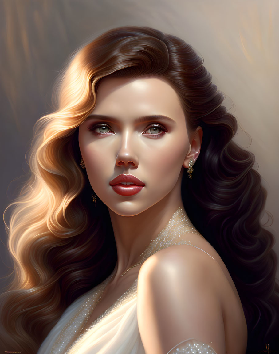 Digital portrait of woman with wavy hair and piercing eyes in white dress