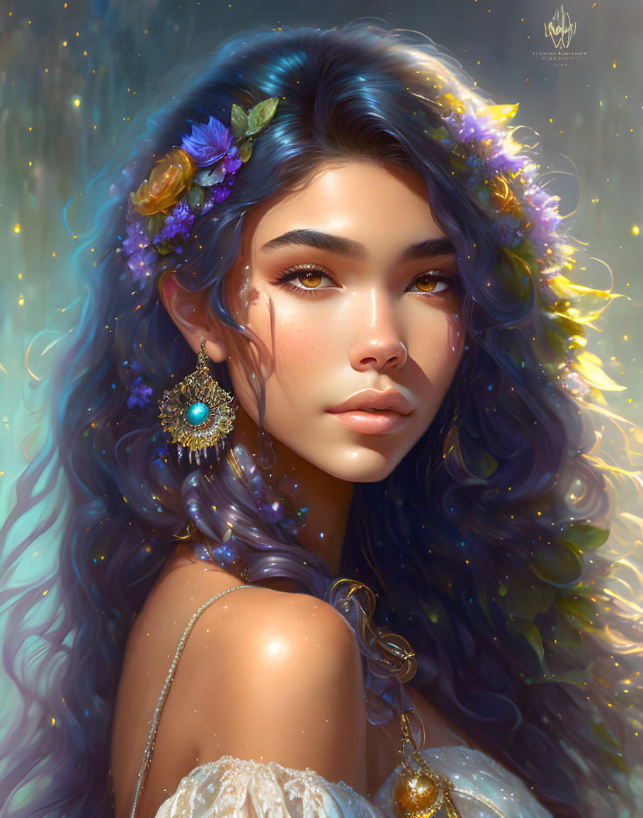 Digital portrait of woman with wavy hair, floral adornments, sparkling highlights, and intricate jewelry.