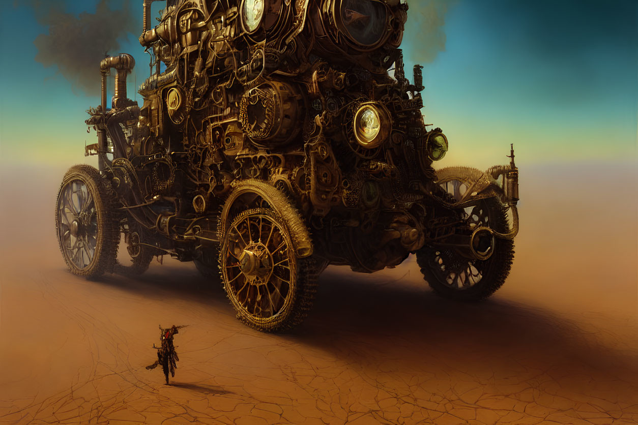 Intricate Steampunk Vehicle and Person in Desert Landscape