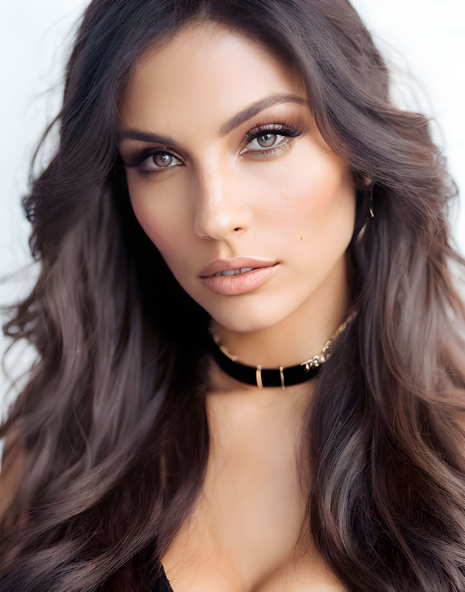 Portrait of woman with long wavy hair and smoky eye makeup