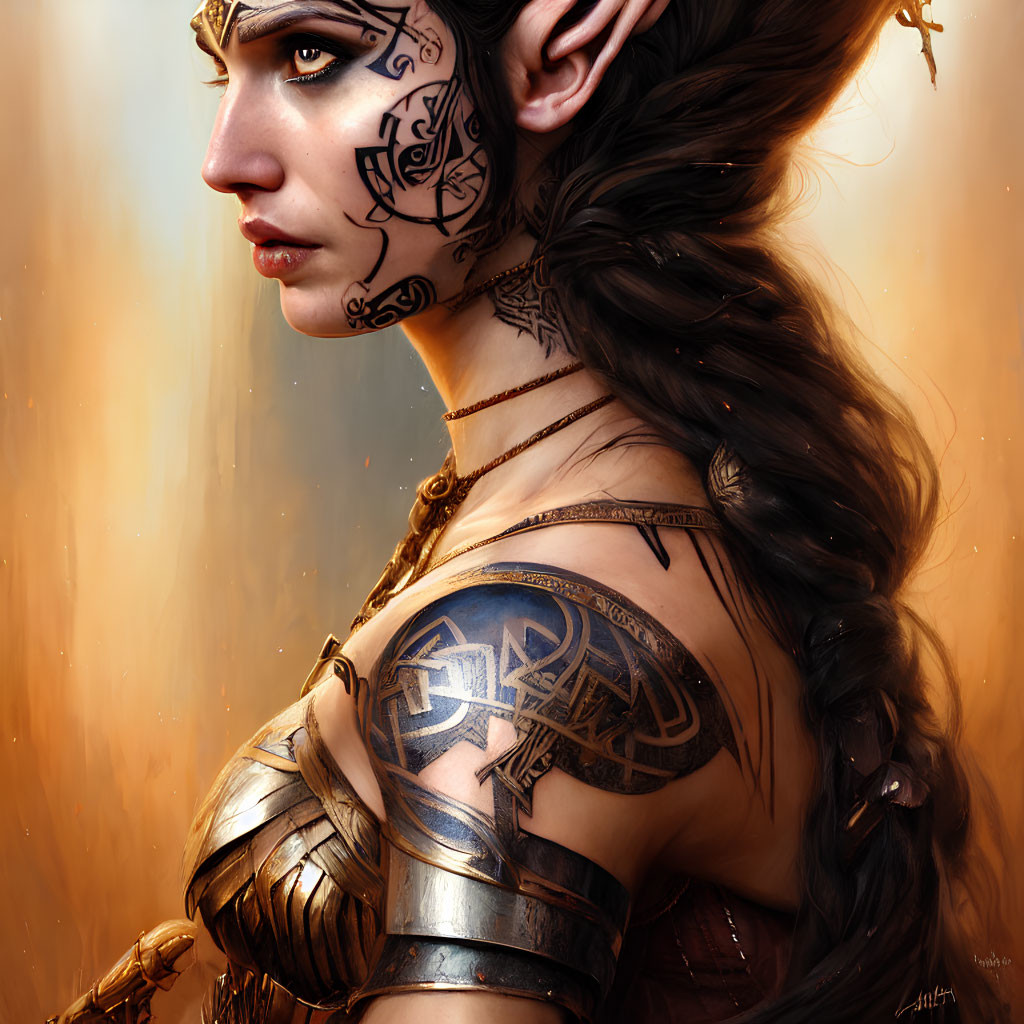 Tribal face tattoos on fierce woman with braided hair and ornate shoulder armor