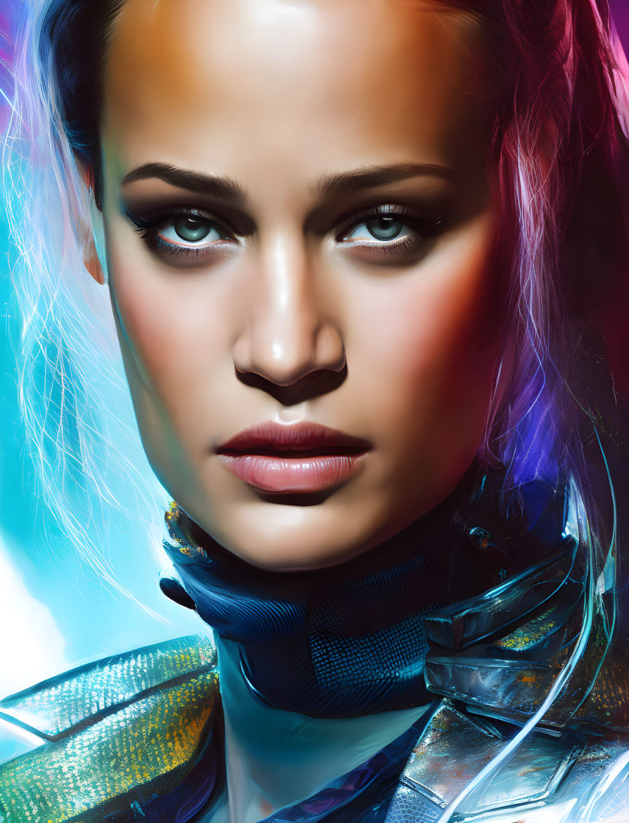 Close-Up Digital Portrait of Woman with Intense Eyes and Futuristic Attire