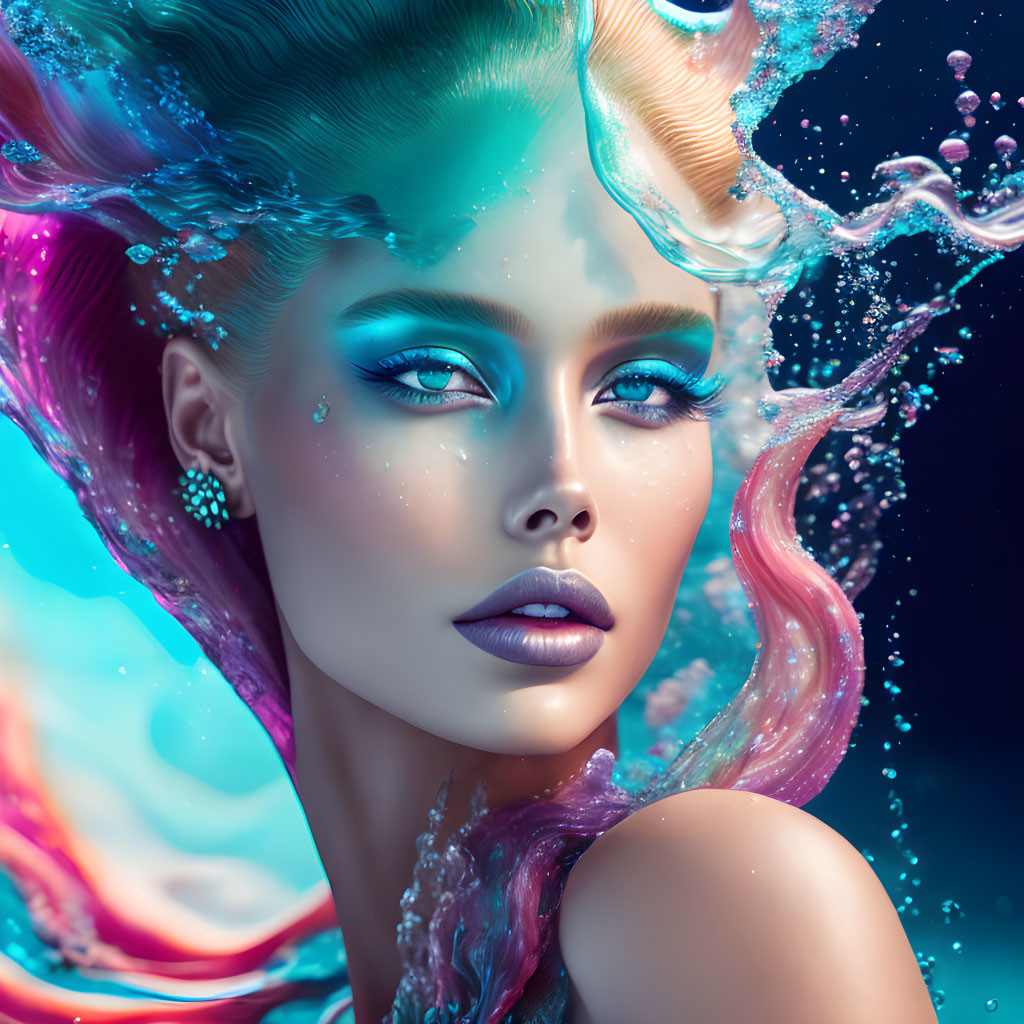 Vibrant surreal portrait of a woman with turquoise makeup and flowing hair