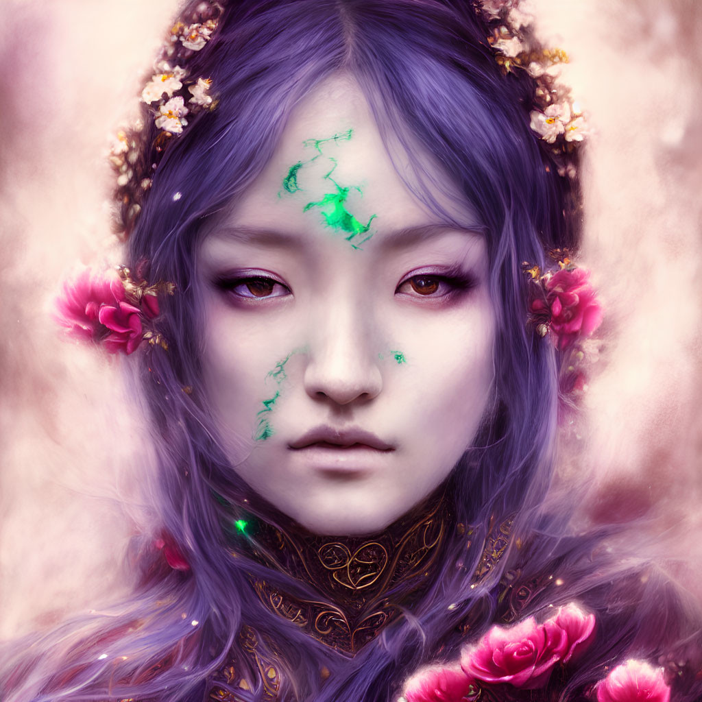 Digital portrait of woman with purple hair, green facial markings, pink flowers, and traditional attire.