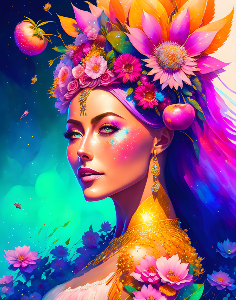 Colorful Woman Portrait with Floral Headdress on Blue Cosmic Background