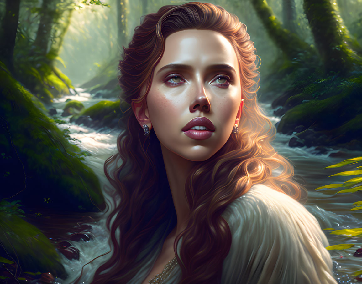 Woman with wavy hair in mystical forest with sunlight and stream