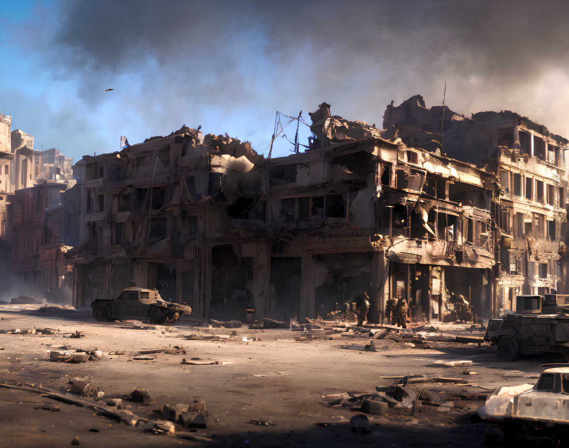 Dusky post-apocalyptic urban landscape with crumbling buildings and abandoned vehicles