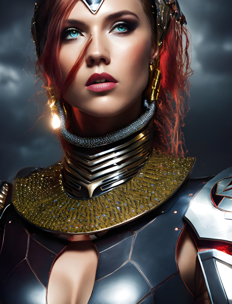 Woman with Blue Eyes and Red Hair in Ornate Metallic Armor and Headpiece