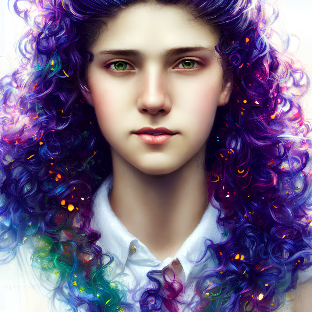 Vibrant digital portrait: purple curly hair, green eyes, glowing accents, white collar.