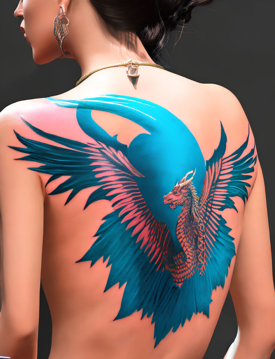 Colorful Phoenix Back Tattoo on Woman against Dark Background