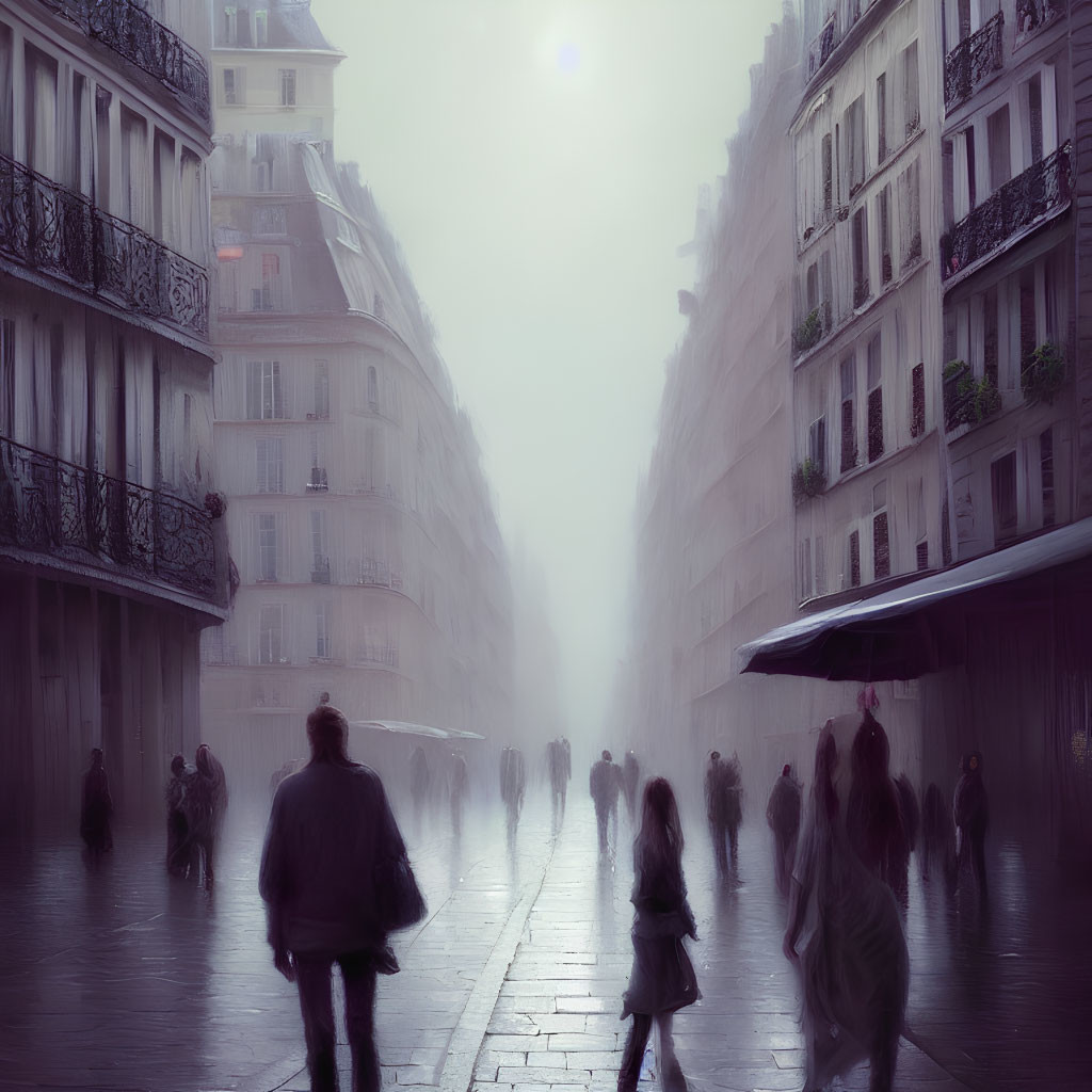 Monochromatic street scene with silhouetted figures and European architecture.