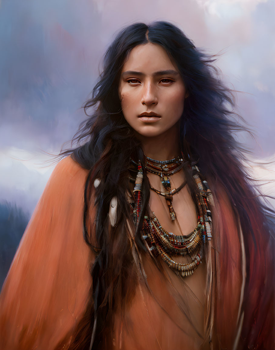 Portrait of a person with long dark hair and intense gaze in orange garment against cloudy sky