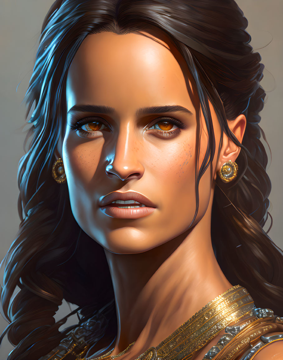 Detailed digital portrait of a woman with luminous skin, brown eyes, dark hair, and gold jewelry